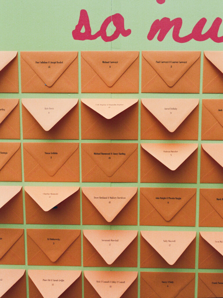 Close-up of a unique Austin wedding sign at cocktail hour.