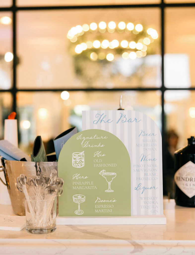 Bar menu signage at wedding in Austin