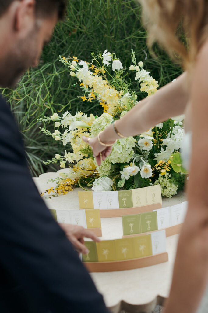 Wedding couple looking at details