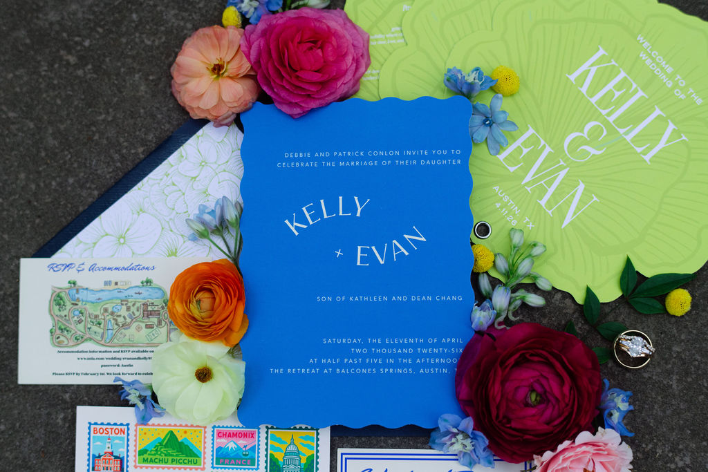 Bold and colorful Austin wedding stationery invitation suite